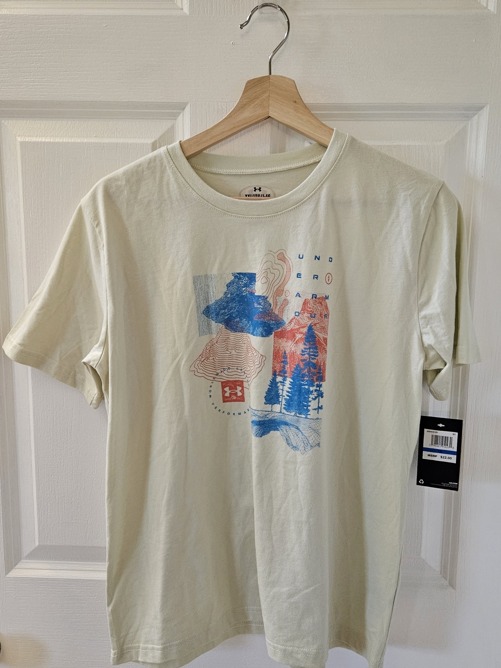 Under Armour Boys Cream Short-Sleeve Graphic Tee with Blue and Red Print